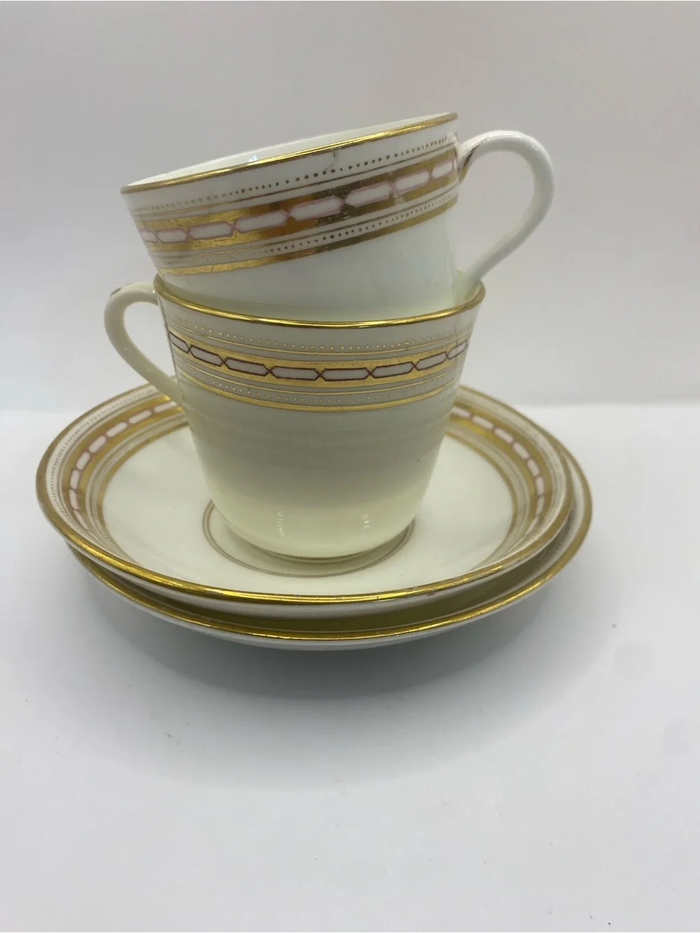 Antique Set Of 2 Cups & Sauces Porcelain With Gold Detail Marker Mark 6865/16